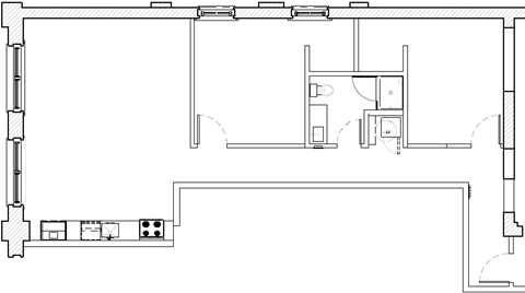 Floor plan for 2 beds, 1 bath, 961 sqft